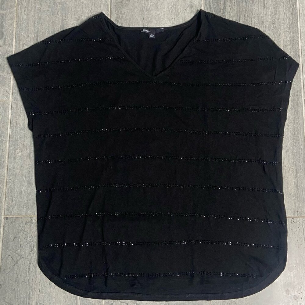 Chaus Boxy Oversized V-Neck Rhinestone Stripe Short Sleeve Tee Black Size Small